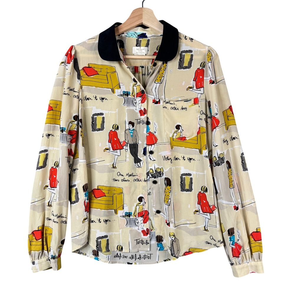 Kate Spade Martini Party Print Silk Blouse NJMU1974 Cream Multi Size L